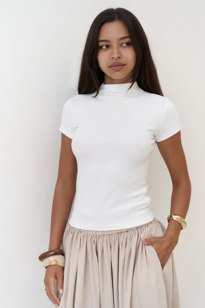 Mai Collection White Crop Top Elegant Slim Fit High Neck Wholesale Clothing Modest