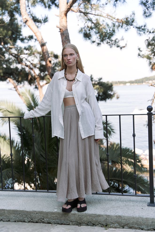 Mai Collection Beige Flared Maxi Skirt High Waist Casual Boho Wholesale Clothing Modest