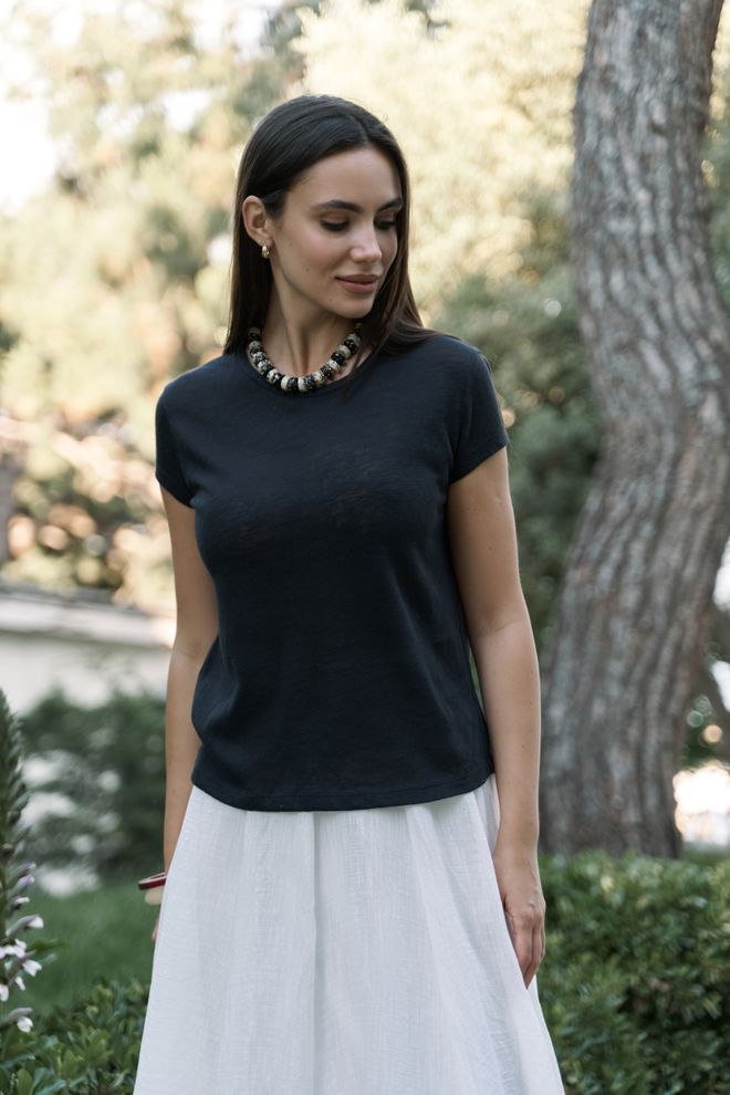 Mai Collection Черна Небрежна Тениска С Около Врата И Къси Ръкави Дрехи на едро Небрежен