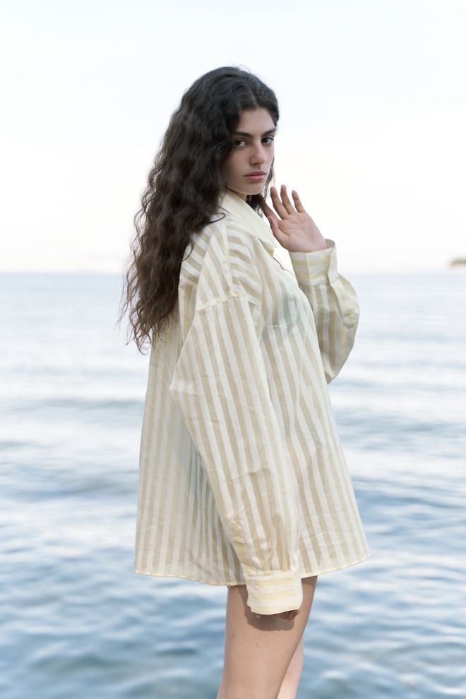 Mai Collection Μπεζ Ριγέ Casual Πουκάμισο Μεγάλα Μεγέθη Χονδρικό εμπόριο ενδυμάτων Casual