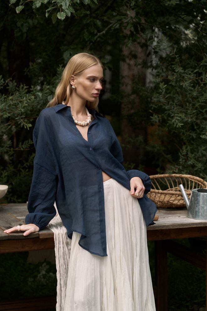 Mai Collection Navy Blue Casual Elegant Boho Shirt Wholesale Clothing Casual