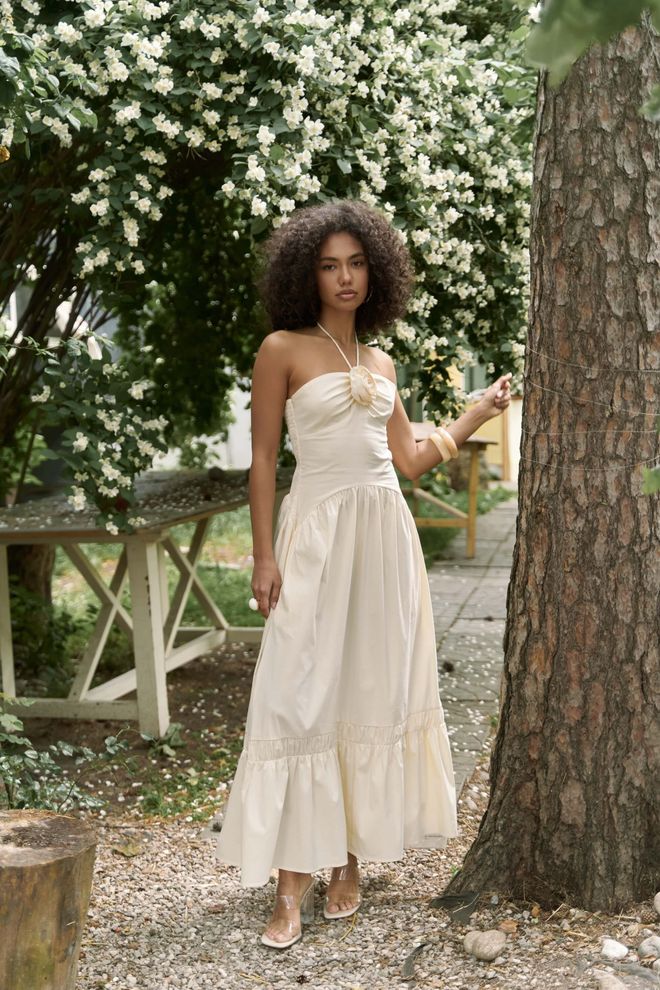 Mai Collection Beige Strapless Maxi Slip Dress With Cap Sleeves Wholesale Clothing Casual