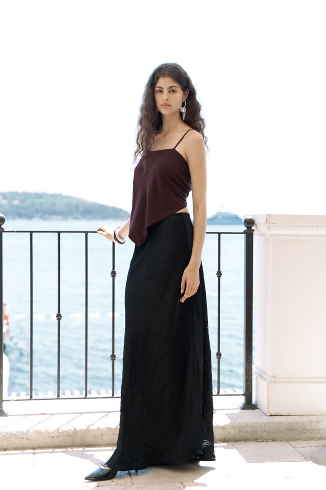 Mai Collection Schwarz Eleganter Formeller Slip Maxi Rock Großhandelskleidung Lässig