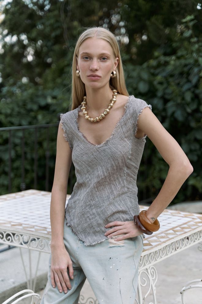 Mai Collection Beige Casual Boho V Neck Slim Fit Crop Top Wholesale Clothing 1