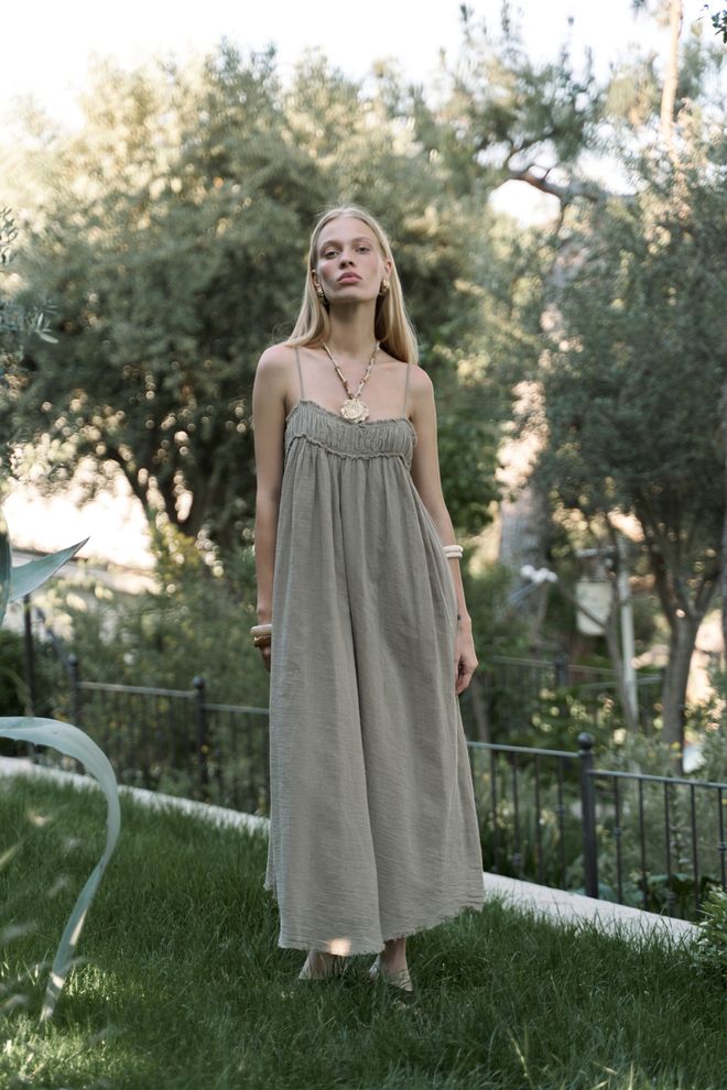 Mai Collection Khaki Boho Sleeveless Maxi Slip Dress Wholesale Clothing Casual