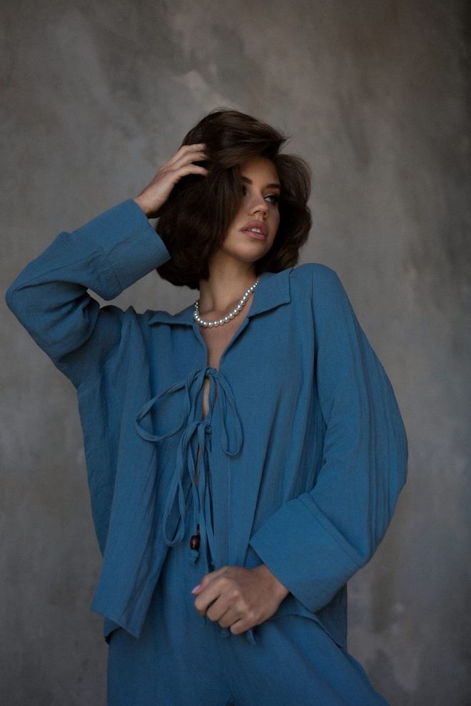 Mai Collection Blue Elegant Casual Set With Palazzo Pants Wholesale Clothing Casual