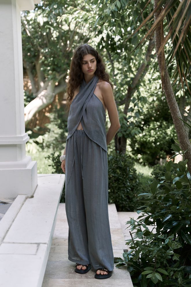 Mai Collection Sivi Črtasti Palazzo Set Za Pomlad In Poletje Oblačila na debelo Ležerno