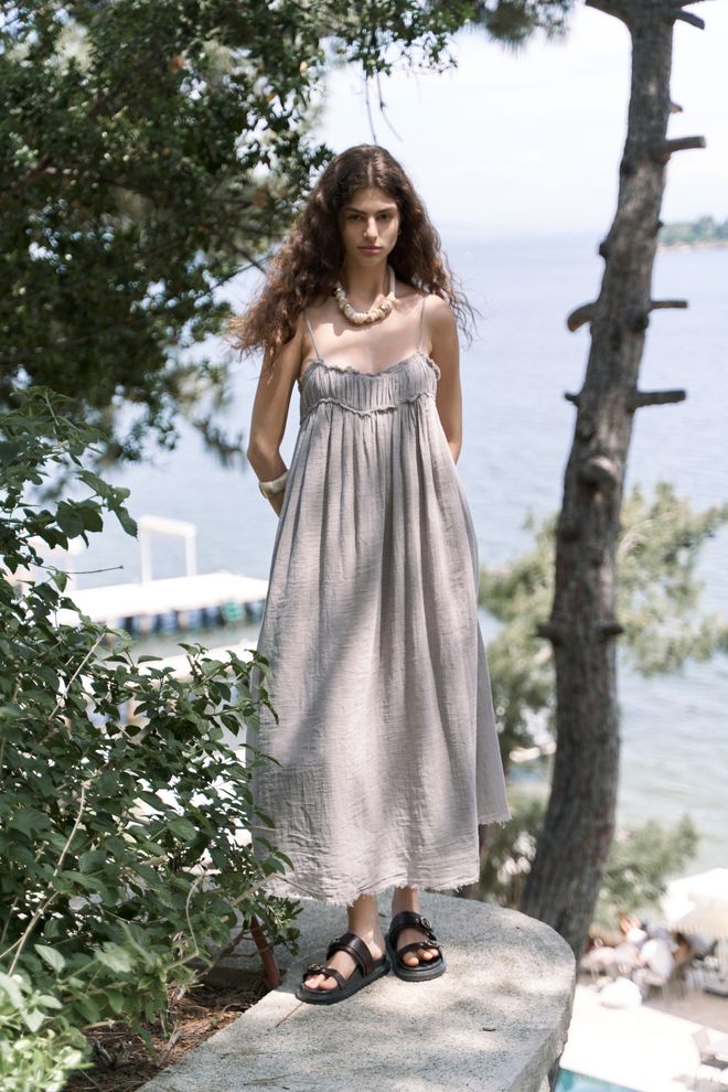 Mai Collection Grey Boho Slip Dress With Sweetheart Neck Wholesale Clothing Modest