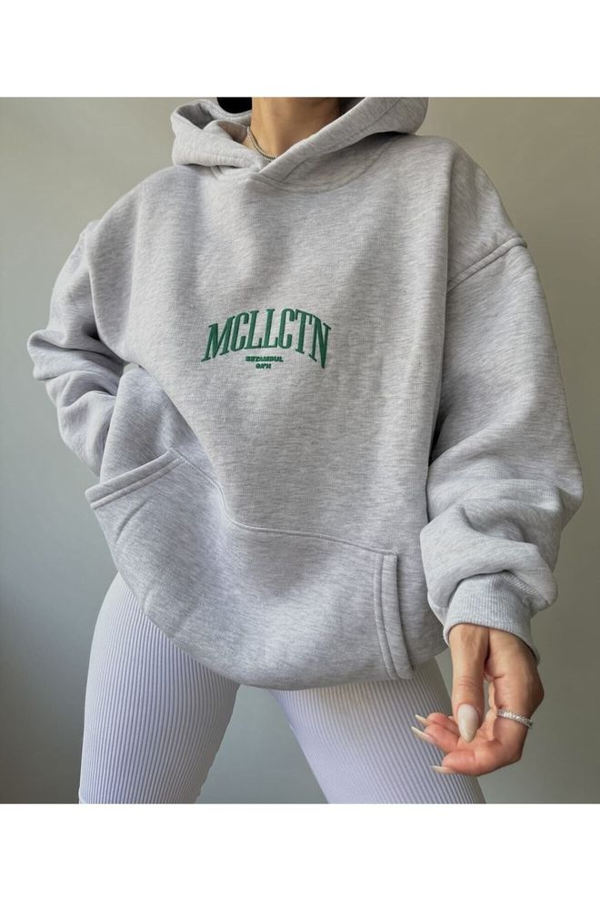Mai Collection Gri Bol Kesim Kapüşonlu Sweatshirt Toptan Giyim Gündelik