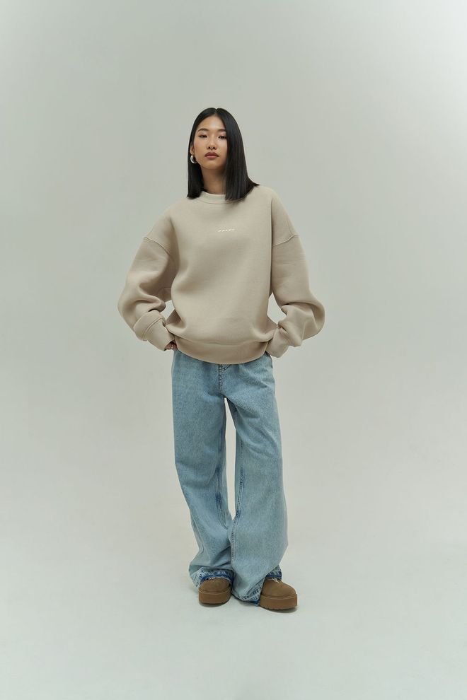 Mai Collection Bej Sweatshirt Bol Kalıp Gündelik Sokak Tarzı Toptan Giyim Gündelik