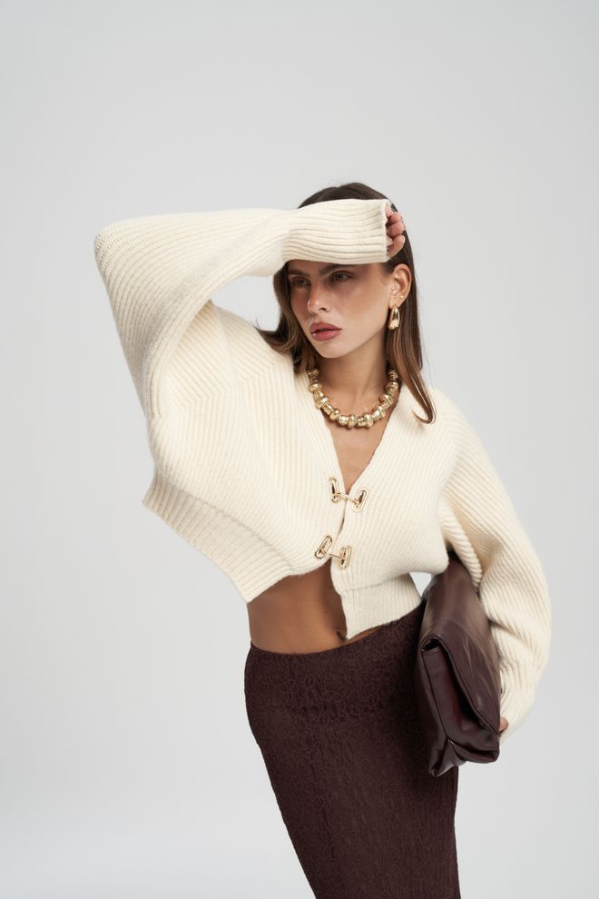 Mai Collection Beyaz Bol Kalıp V Yaka Crop Hırka Toptan Giyim Gündelik