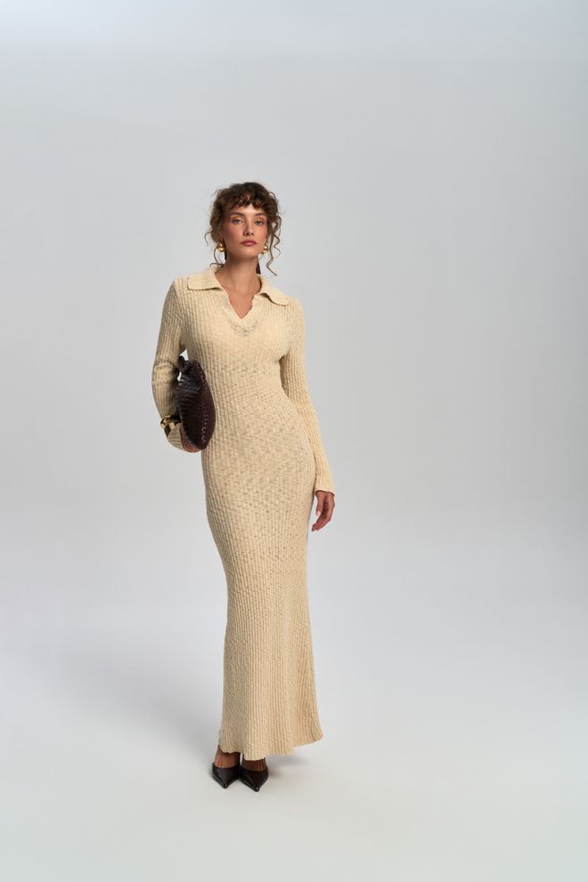 Mai Collection Μπεζ Κομψό Πουλόβερ Φόρεμα Με Λαιμόκοψη Με Ενωση Χονδρικό εμπόριο ενδυμάτων 5