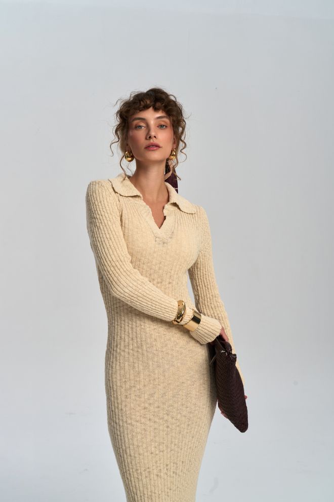 Mai Collection Μπεζ Κομψό Πουλόβερ Φόρεμα Με Λαιμόκοψη Με Ενωση Χονδρικό εμπόριο ενδυμάτων Φθινόπωρο