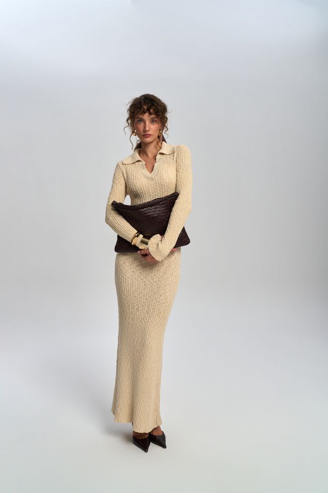 Mai Collection Μπεζ Κομψό Πουλόβερ Φόρεμα Με Λαιμόκοψη Με Ενωση Χονδρικό εμπόριο ενδυμάτων Σέξι