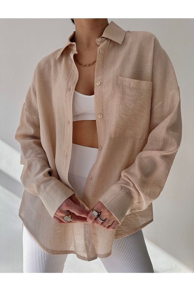 Mai Collection Bej Casual Oversized Polo Yaka Gömlek Toptan Giyim Tesettür