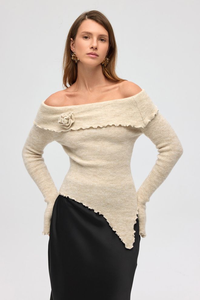 Mai Collection Jersey Beige Slim Fit Con Cuello Sin Hombros Ropa al por mayor Casual