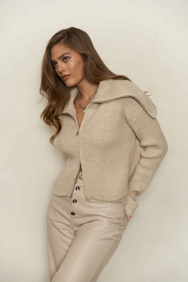 Mai Collection Bej Hırka Kapüşonlu Ve Fermuarlı Toptan Giyim Gündelik