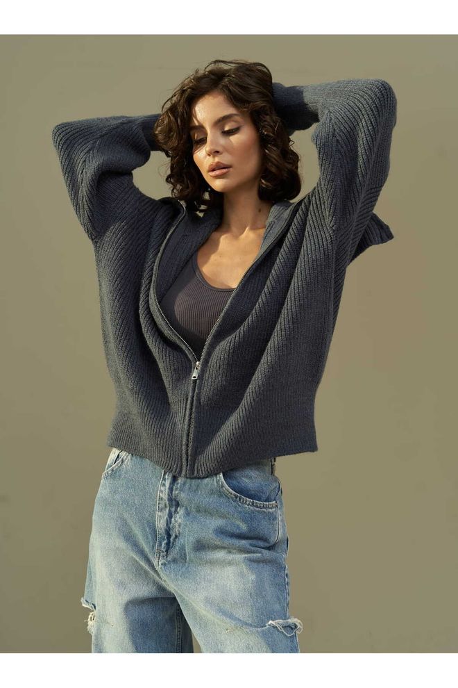 Mai Collection Серый Кардиган Оверсайз На Молнии С Капюшоном Оптовая продажа одежды Повседневный