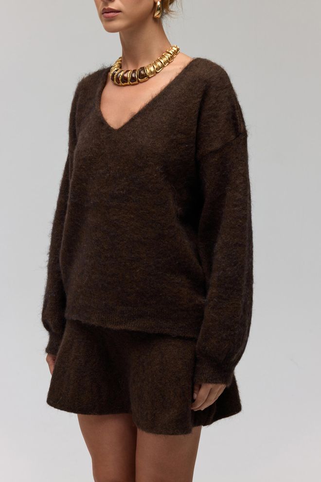 Mai Collection Коричневый Свитер Оверсайз С V образным Вырезом На Осень И Зиму Оптовая продажа одежды Падают осенью