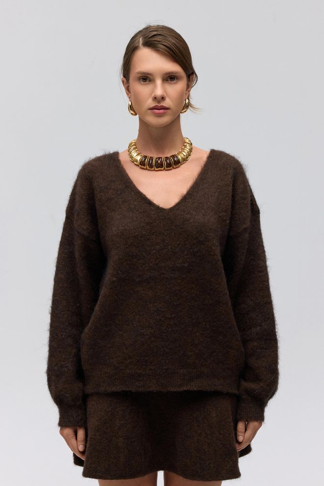 Mai Collection Коричневый Свитер Оверсайз С V образным Вырезом На Осень И Зиму Оптовая продажа одежды 1