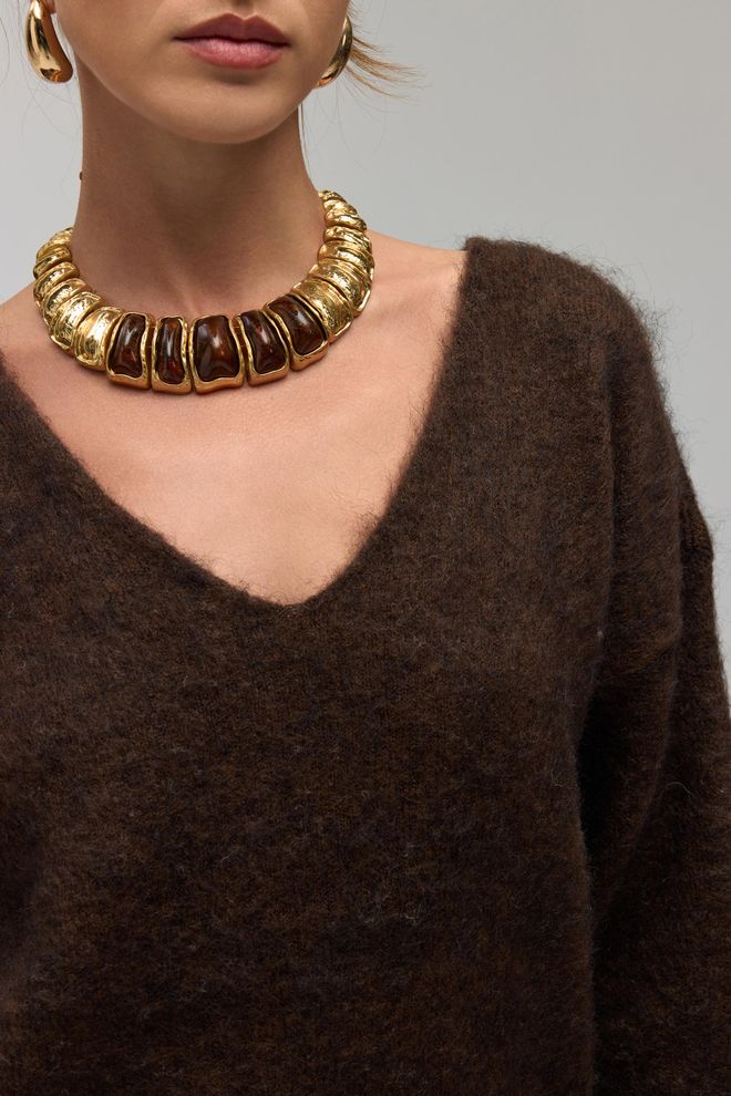 Mai Collection Коричневый Свитер Оверсайз С V образным Вырезом На Осень И Зиму Оптовая продажа одежды День рождения