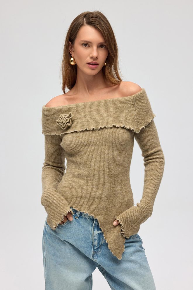 Mai Collection Jersey Caqui Ajustado Con Cuello Sin Hombros Ropa al por mayor Casual