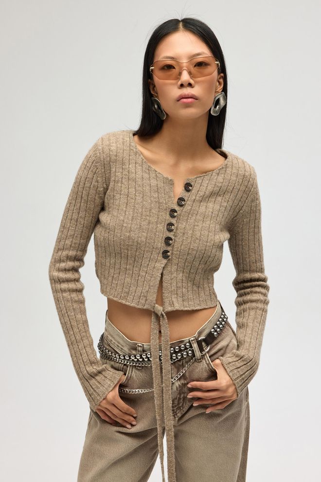 Mai Collection Бежевый В Полоску Тонкий Крой Укороченный Кардиган Оптовая продажа одежды Повседневный