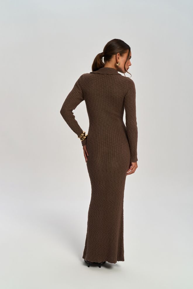 Mai Collection Κομψό Καφέ Πουλόβερ Φόρεμα Με Λαιμόκοψη Με Εγκοπή Χονδρικό εμπόριο ενδυμάτων Επίσημο