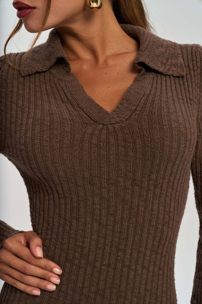 Mai Collection Κομψό Καφέ Πουλόβερ Φόρεμα Με Λαιμόκοψη Με Εγκοπή Χονδρικό εμπόριο ενδυμάτων Εργασία