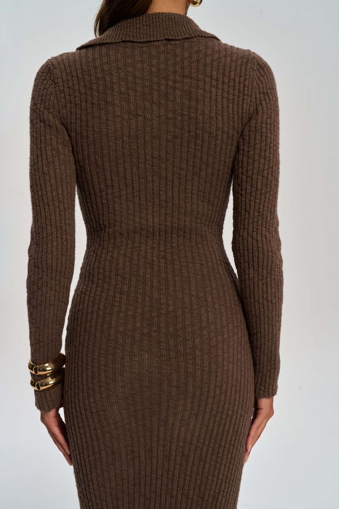 Mai Collection Κομψό Καφέ Πουλόβερ Φόρεμα Με Λαιμόκοψη Με Εγκοπή Χονδρικό εμπόριο ενδυμάτων Χειμώνας