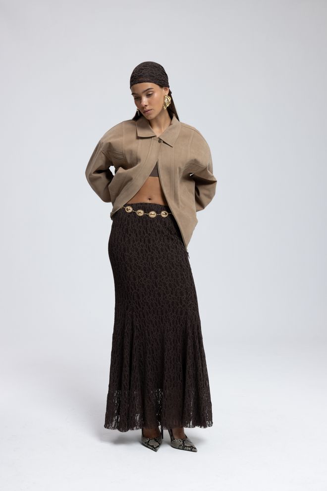 Mai Collection Kahverengi Zarif Maksi Balık Etek Toptan Giyim Nostaljik