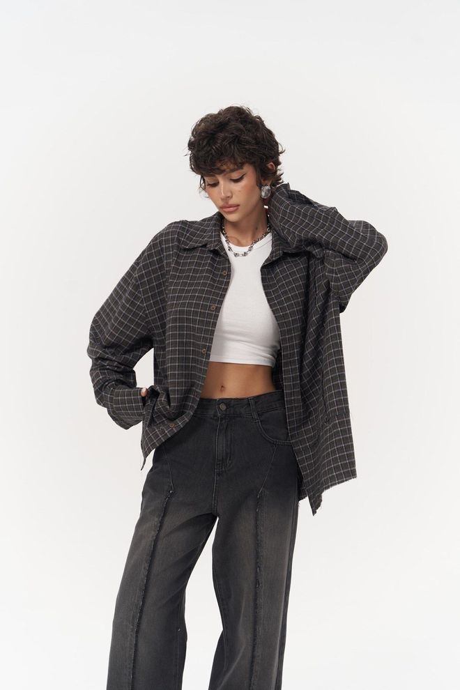 Mai Collection Gri Kareli Bol Kesim Streetwear Gömlek Toptan Giyim Gündelik