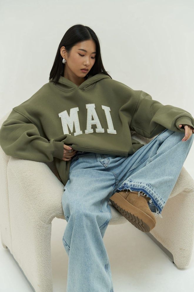 Mai Collection Yeşil Kapüşonlu Oversized Sweatshirt Toptan Giyim Gündelik