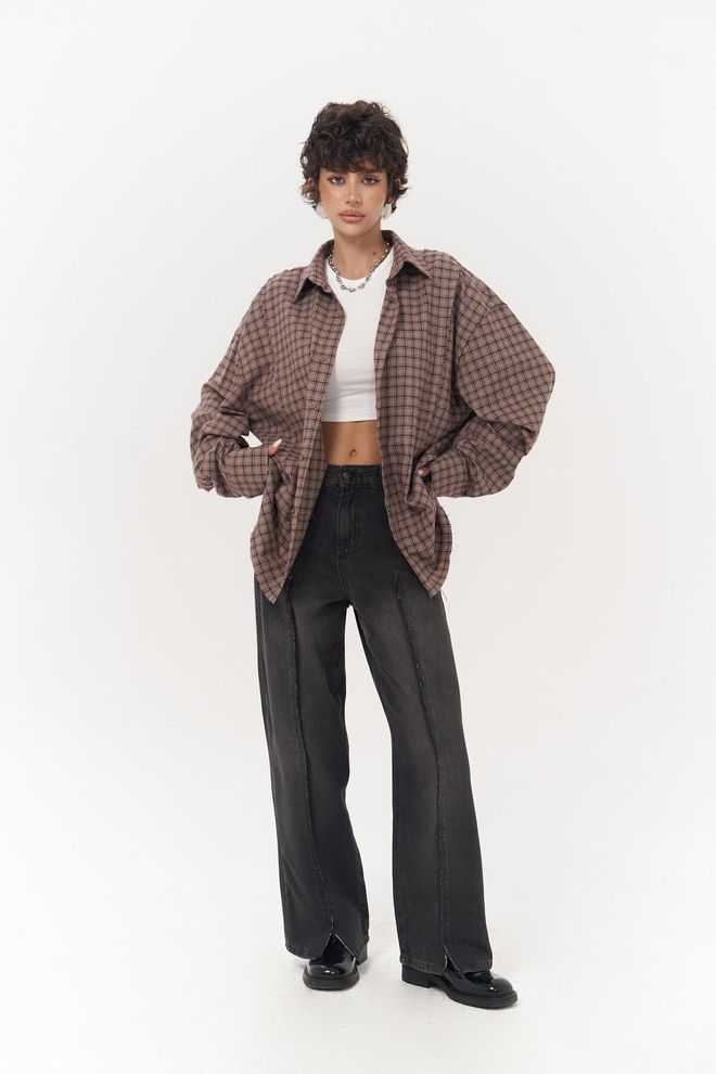 Mai Collection Kahverengi Kareli Düğmeli Polo Yaka Gömlek Toptan Giyim Gündelik