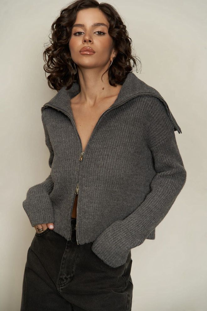 Mai Collection Gri Fermuarlı Ve V Yakalı Şık Günlük Hırka Toptan Giyim Gündelik