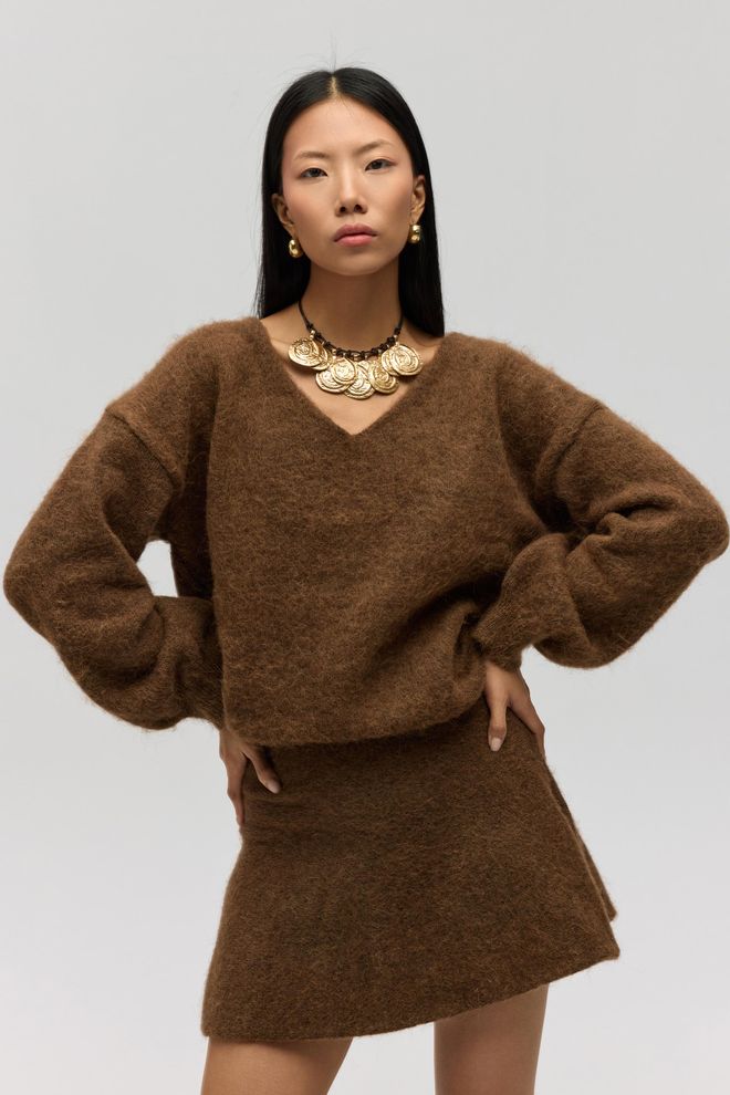 Mai Collection Коричневый Свитер Оверсайз С V образным Вырезом Для Осени И Зимы Оптовая продажа одежды Повседневный