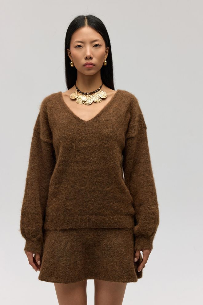 Mai Collection Коричневый Свитер Оверсайз С V образным Вырезом Для Осени И Зимы Оптовая продажа одежды 1