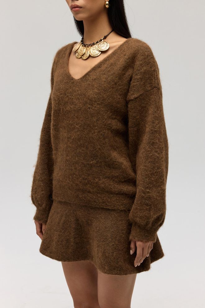 Mai Collection Коричневый Свитер Оверсайз С V образным Вырезом Для Осени И Зимы Оптовая продажа одежды Бездельничать