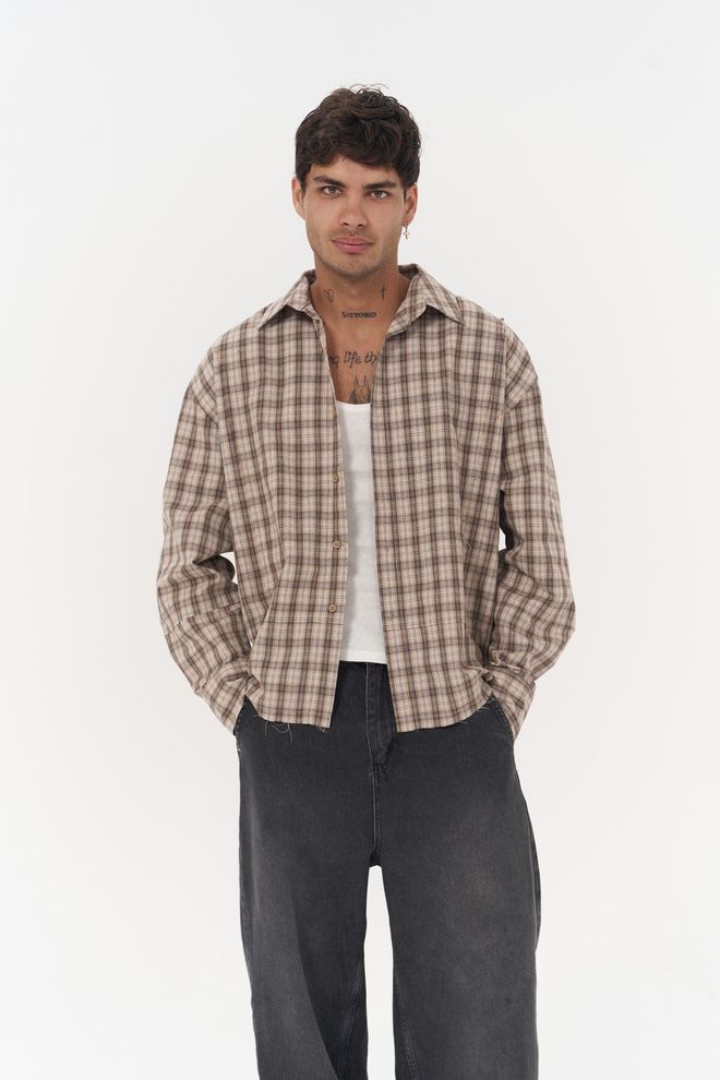 Mai Collection Bej Kareli Günlük Düğmeli Gömlek Toptan Giyim Gündelik