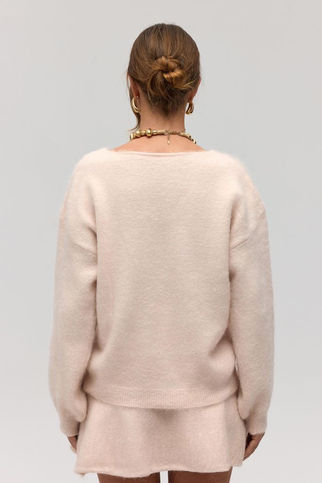 Mai Collection Бежевый Свитер С V образным Вырезом Длинными Рукавами И Оверсайз Кроем Оптовая продажа одежды Повседневный