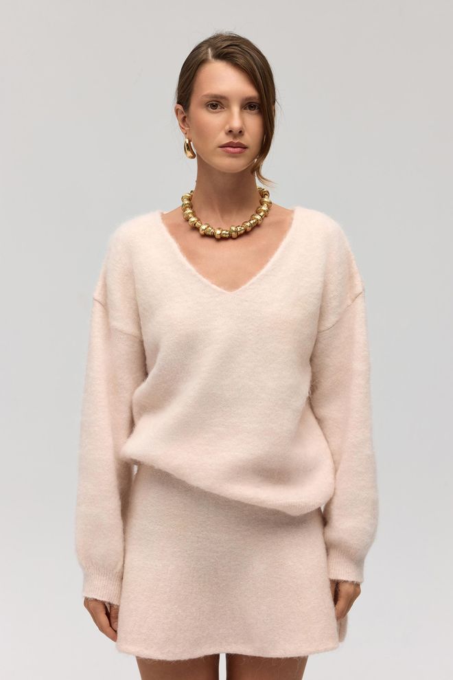 Mai Collection Бежевый Свитер С V образным Вырезом Длинными Рукавами И Оверсайз Кроем Оптовая продажа одежды 1