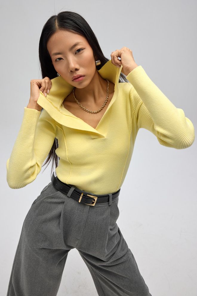 Mai Collection Sarı Kazak Derin Dekolteli Ve Dar Kalıp Toptan Giyim Gündelik