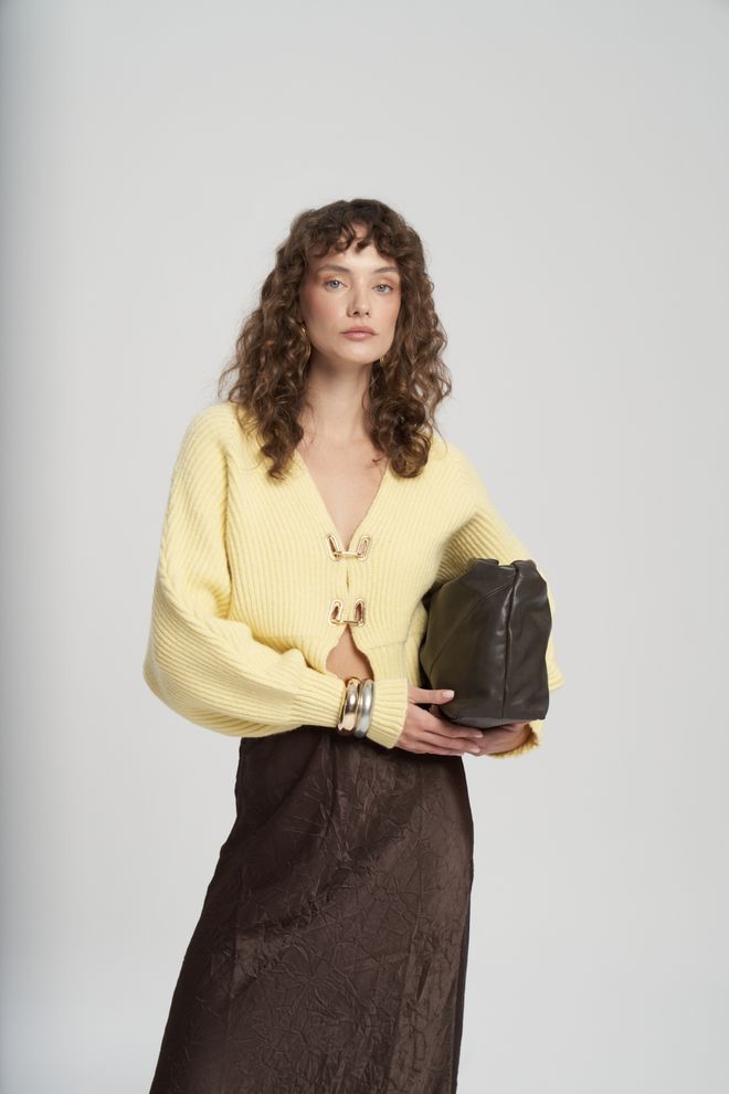 Mai Collection Желтый Элегантный Оверсайз С V образным Вырезом Короткий Кардиган Оптовая продажа одежды Повседневный