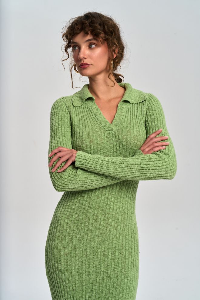 Mai Collection Πράσινο Κομψό Μάξι Πουλόβερ Φόρεμα Με Λαιμόκοψη Πόλο Χονδρικό εμπόριο ενδυμάτων Σέξι