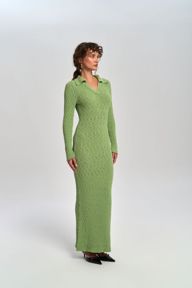 Mai Collection Πράσινο Κομψό Μάξι Πουλόβερ Φόρεμα Με Λαιμόκοψη Πόλο Χονδρικό εμπόριο ενδυμάτων Επίσημο