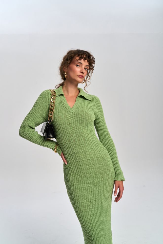 Mai Collection Πράσινο Κομψό Μάξι Πουλόβερ Φόρεμα Με Λαιμόκοψη Πόλο Χονδρικό εμπόριο ενδυμάτων Εργασία