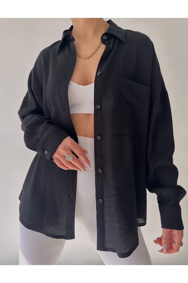 Mai Collection Siyah Gündelik Bol Kesim Gömlek Çentikli Yaka İle Toptan Giyim Gündelik