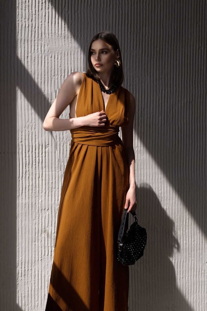 Mai Collection Rjav Eleganten Brez Rokavov Kombinezon Z Kravato Oblačila na debelo Vintage