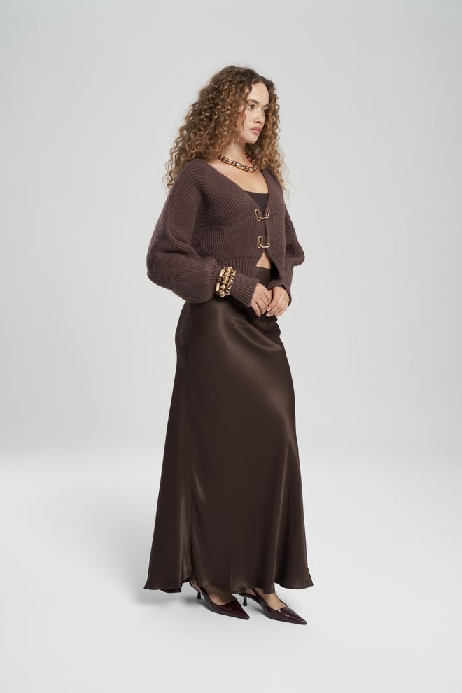 Mai Collection Brown Oversized Fit Crop Cardigan With V Neck Wholesale Clothing Vintage