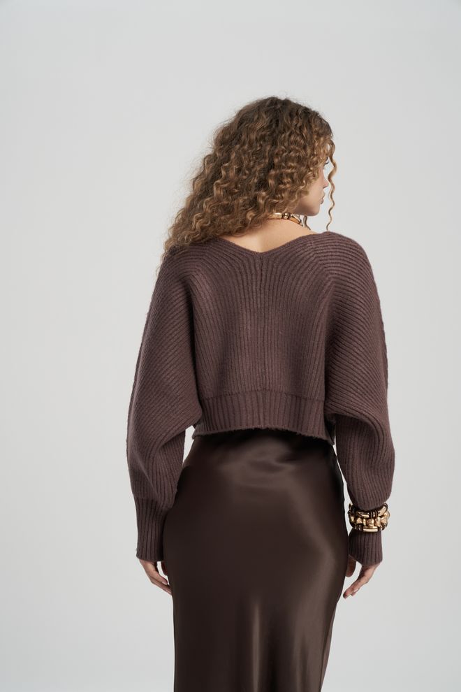 Mai Collection Brown Oversized Fit Crop Cardigan With V Neck Wholesale Clothing Spring